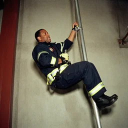 steve harvey sliding down a firehouse pole, grainy photo, soft lighting