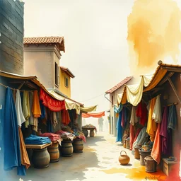 small centered on watercolor paper, paint brush strokes, abstract watercolor painting of ancient cloth velved and silk market, fabrics, rural rustic, cinematic light, national romanticism by hans dahl, by jesper ejsing, by anders zorn, by greg rutkowski, by greg manchess, by tyler edlin
