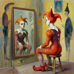 jester sitting on a stool looking into a mirror by james jean and luc tuymans and beeple and hernan bas and pat steir and hilma af klint, abstract background, psychological, dripping paint, high quality render, masterpiece