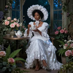 fantasy, glow, shimmer, beautiful black victorian woman in a long white frilly lace dress and a large white hat, cow hoof feet, having tea in a sunroom filled with flowers, roses and lush fern flowers ,intricate, night, highly detailed, shows a leg,dramatic lighting