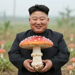 kim jong un happily holding a giant genetically modified amanita muscaria mushroom that will feed his nation, bbc reporting, an agricultural breakthrough endorsed by the great leader