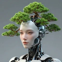 close up portrait of a cyborg with bonsai trees growing out of its head, artstation