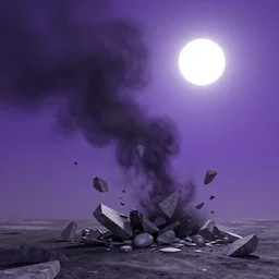 a dark matter wind and dust pieces of purple sky with a white sun falls to the ground and breaks into fragments, marble stone, futurism, schizophrenia, hyperrealistic fall
