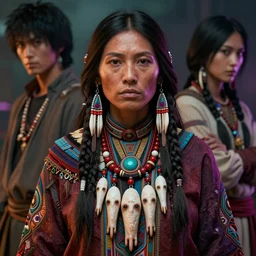 native american ghost woman wearing a necklace with 7 toes, hyper detailed, colorful palette, masterpiece, ornate dark, suehiro moaruo, katsuhiro otomo, shintaro kago, cgsociety, octane render, ambient light