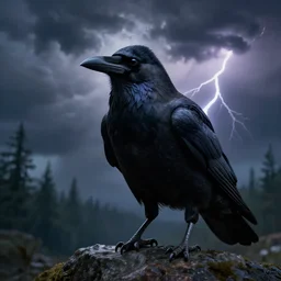 a close up portrait of an angry crow, standing on a rock in a storm, lightning, dramatic clouds, digital matte painting, fantasy art, moody, dark, brooding, forests, trending on artstation, cgsociety, unreal engine