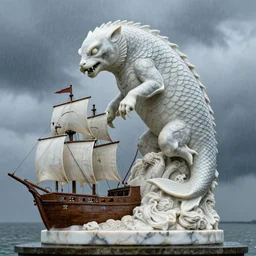the mythological kelpie attacking trade ships, with a fish tail, 4 k uhd, monster, rainy, marble statue