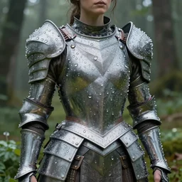 mid shot of a regal brown woman wearing an intricate and detailed armor made of dew drops. woman is standing in a lush green forest. multiple layers. reflections. morning dew. textures. delicate. translucent. extremely coherent. studio portrait. photorealistic. octane render