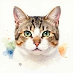 cat portrait an watercolor painting splashes with many colors and shapes by john backderf greg rutkowski and alphonse mucha, polycount, generative art, psychedelic, fractalism, glitch art