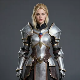front facing symmetrical centered portrait, Imogen Poots as a Paladin, Arcane style, fantasy concept art by Tomer Hanuka, cgsociety, vanitas, ilya kuvshinov, Mucha, 2d game art