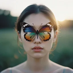 head and shoulder portrait analog photography of a woman with big colorful butterflies over her face by jovana rikalo. kodak portra. ( depth of field ). golden hour. detailed. hq. realistic. muted colors. lens flare. mamiya 7 ii, f / 1. 2, symmetrical balance, in - frame