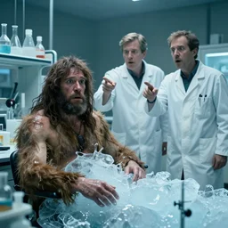 a scene in a labratory depicting a caveman thawing from ice and shocked scientists pointing in disbelief, photorealistic, film, cinematic, 3 5 mm, moody color tone