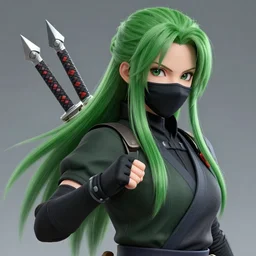 a ninja with long green hair and two kunai's on her hand, realistic, 8 k, very detailed, cgi