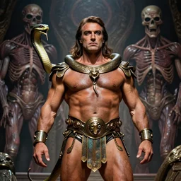 serpent - man berlusconi warlord wearing bronze age clothing, bodybuilder snake, anatomical, horrific background symmetrical, zoom out, high quality, high definition, 8 k, photograph photorealistic by frank frazetta