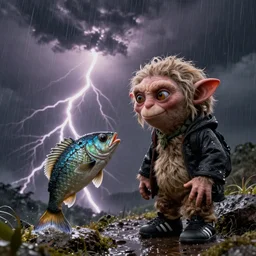 gollum faced fish in black adidas, thunderstorm, rain