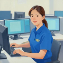 a painting of Linda Park in a blue uniform in front of computer terminals, a character concept by WLOP, cg society contest winner, sci-fi art, reimagined by industrial light, poster art, concert poster