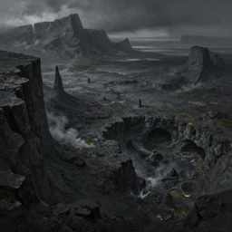 Orkland. Black, rocky plain. Sharp cliffs, craggy mountains, vast barren plains belching sulfur gases, musty swamps and numerous cave systems. a fantasy digital painting by Greg Rutkowski and James Gurney, trending on Artstation, highly detailed