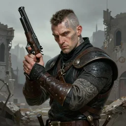 portrait of a witcher holding a gun, the witcher has a half shaved head and tattoos, the witcher holding a pistol points downwards, the witcher holding a pistol is only one and stands in a ruined city. by Ciryl Rolando, hyperrealistic illustration, digital art, studio lightning, very detailed faces