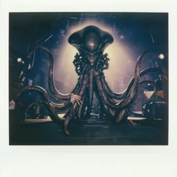 ultra wide angle a giant alien with tentacles in a secret army base backlighting, faded color polaroid, 1 9 1 0 s photography