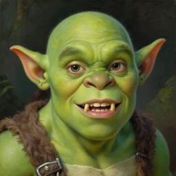 Cute green-skinned orc with fangs. Extremely high detail, details, realistic, masterpiece, colorful. Portrait painting by Arthur Rackham, Eugene de Blaas, Frederic Leighton
