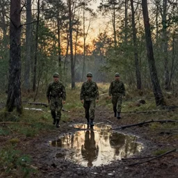 military army in the forest, puddles of water, sundown, by scott listfield, simon stalenhag and ian mcque, washed colors, grainy