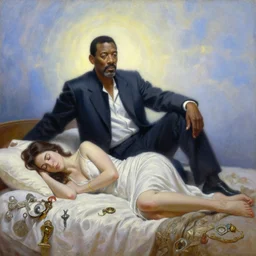 portrait oil painting, an ethereal bill cosby, posing on a bed next to a sleeping woman, casting a spell, ultra realistic, wide angle, intricate details, artifacts, luminous skies, highly detailed, michael cheval, peter mohrbacher, boris vallejo, jessica rossier, oil painting, highly detailed, cinematic lighting