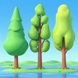 collection of 3 d cartoon trees, different sizes, different colours, different heights, river, island terrain, blue sky