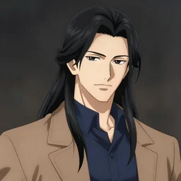 portrait illustration by shigenori soejima, handsome male vampire, focus on face, pretty, long black hair, dark blue shirt, light brown coat