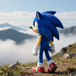 a grandpas wearing sonic the hedgehog costume wandering trough the mountains looking at the clouds very detailed focused photography cinematic lighting, sun and shadows, taken by martin parr