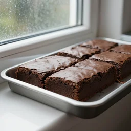 fudge brownies next to a window on a rainy day, sharp focus