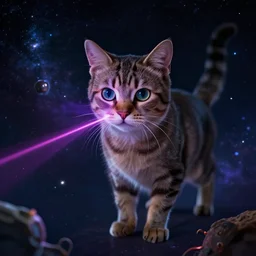 a cosmic cat in space with laser coming from it's eyes