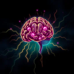 awesome logo of a brain and pills with, dank techno. synthwave colours. in the style of spirited away. awe, rage, musicality