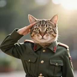 a photo of a cat giving the military salute, hyperrealism, professional photography, lens flare, a little blurry, artisitic photography, natural lighting