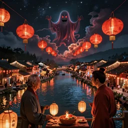 craig mullins and wenjun lin zhongyuan festival ， lanterns ， river ， dark sky ， fire clouds ， ， village ， ghost ， unreal engine, hyper realism, realistic shading, cinematic composition, realistic render, octane render, detailed textures, photorealistic, wide shot