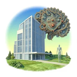 artwork of a building and humanoid in a nice scenery in the style of mandelbrot,