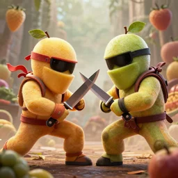 fruits fighting while holding knives, hyper realism, detailed, epic background, fruit ninja, epic fighting, 8 k, dynamic lighting, fine texture, concept art