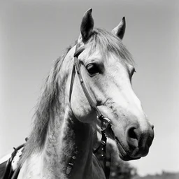 stunning bw film photograph of ( ( ( ( cyborg!!!!! horse ) ) ) ), closeup, aperture 1. 2