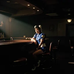 Chun-Li sits alone in an empty bar, 35mm film, wide shot, dramatic lighting, chiaroscuro, by Michael Mann, Wong Kar-wai, Tsai Ming-liang