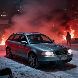 Audi A4 B6 Avant (2002), a gritty neo-noir, dramatic lighting, cinematic, eerie person, death, homicide, homicide in the snow, gunshots, establishing shot, extremely high detail, photorealistic, red fog, chaos, arson, burning city, cinematic lighting, artstation, by simon stalenhag, Max Payne (PC) (2001) winter New York at night, In the style of Max Payne 1 graphic novel, flashing lights, Poets of the Fall - Late Goodbye