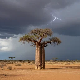 a dramatic landscape photo by ryan dyar of a thunderstorm over a lonely baobab tree in the desert, highly detailed, 8 k