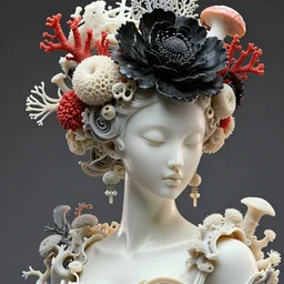 intricate hyper detailed ultra sharp portrait of a beautiful porcelain well contoured ivory fair smooth deep scifi cyberpunk mechanoid, up close shot, sharp focus, global illumination, radiant light, intricate sophisticated large haute couture black coral flower headdress made of white sponge red corals, brackets, mushrooms, puffballs, rhizomorphs, alexandre ferra, irakli nadar, octane render, 4 k, ultra hd,