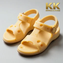high quality photo of sandals made of swiss cheese, realism, 8k, award winning photo