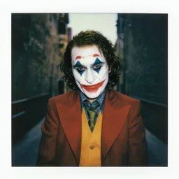polaroid of the joker with red eyes in a dark alley way