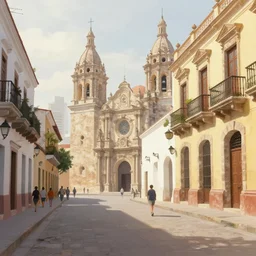 i walk in the immaculately preserved 1 6 th - century city of cartagena, colombia. volumetric lighting, spring, early morning, overcast weather, realistic illustration, perfectly shaded, soft painting, art by krenz cushart and wenjun lin