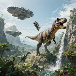 hyperrealistic alien spaceships landing, dinosaur, trex, mountains, greenery, waterfall, artstation, an epic fantasy, cinematic lighting, hyper realistic, photographic, artstation
