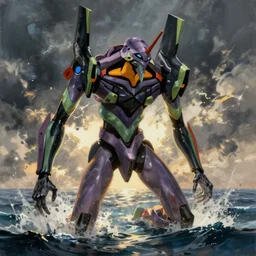 evangelion, the world comes to a closes, the final form of evangelion emerges from the sea, detailed, impressionistic by james gurney, willem claesz heda and j. dickenson