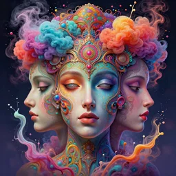 splashing colorful liquid smoke forming clouds faces, an extremely colorful psychedelic experience, dmt, psilocybin, lsd, face, detailed, intricate, elegant, highly detailed, digital painting, artstation, concept art, smooth, sharp focus, illustration, art by krenz cushart, hana yata, and artem demura and alphonse mucha, octane render, unreal engine, 8 k