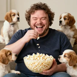 jack black eating popcorn, surrounded by puppies, hd, laughing