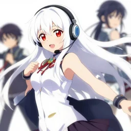 anime film still portrait of white long haired red eyed young cute girl wearing headset, dynamic pose, gapmoe, pixiv fanbox, yoshinari yoh makoto shinkai takashi takeuchi, 4 k