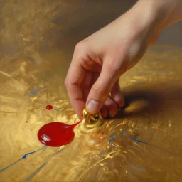 abstract oil matte painting, hand submerged in a golden acrylic liquid, red dollops, blue strains, wonderful masterpiece highly detailed, beautiful cinematic light deep focus, elegant, smooth, sharp focus, golden ratio, dramatic illumination, ultra realistic, 8 k, art by kristina alisauskaite and caravaggio