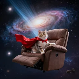 a kitten wearing a red cape floating through galaxies of space on a recliner chair, cosmic rays, dramatic lighting, spirals galaxies